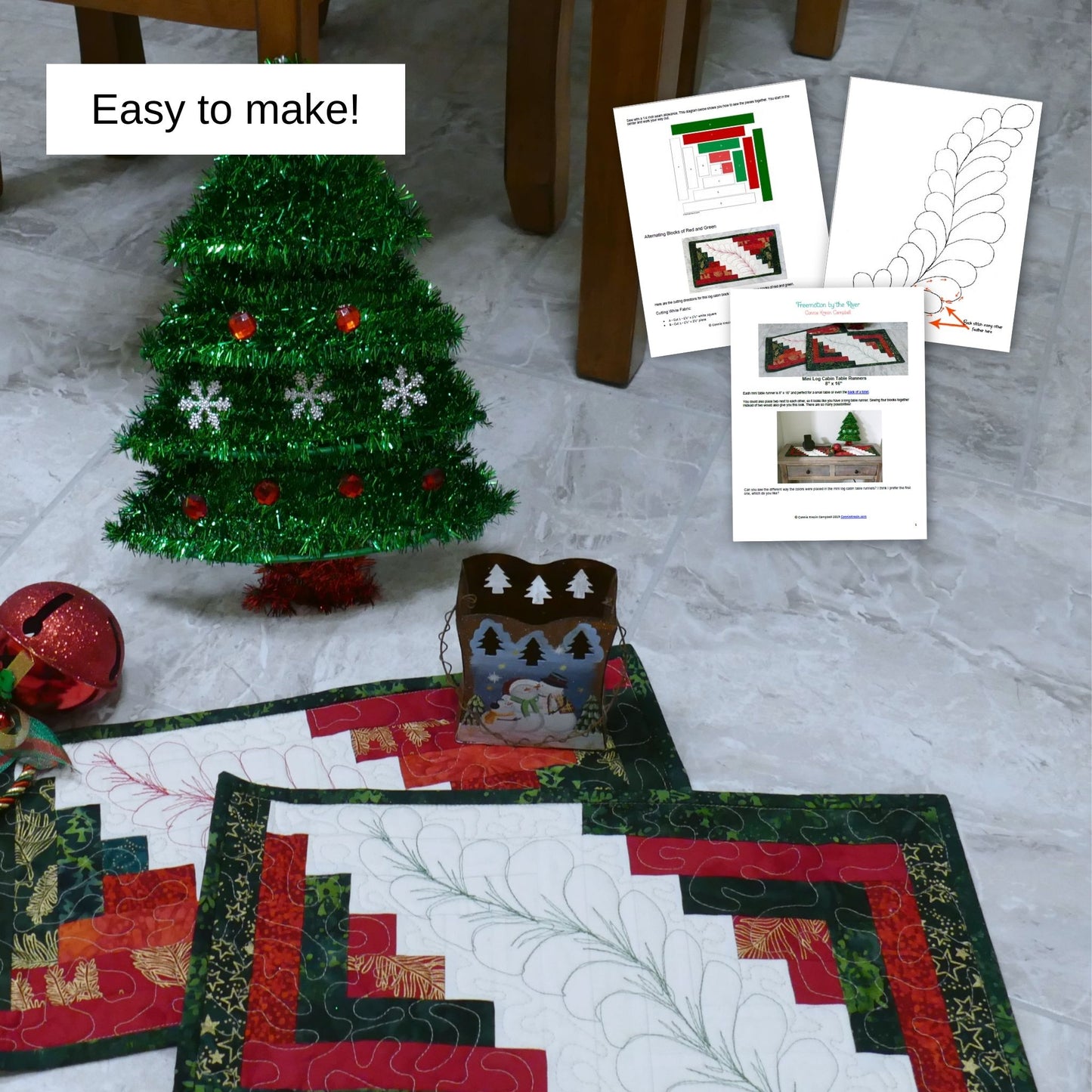 Mini Log Cabin table runner with quilted feather design PDF