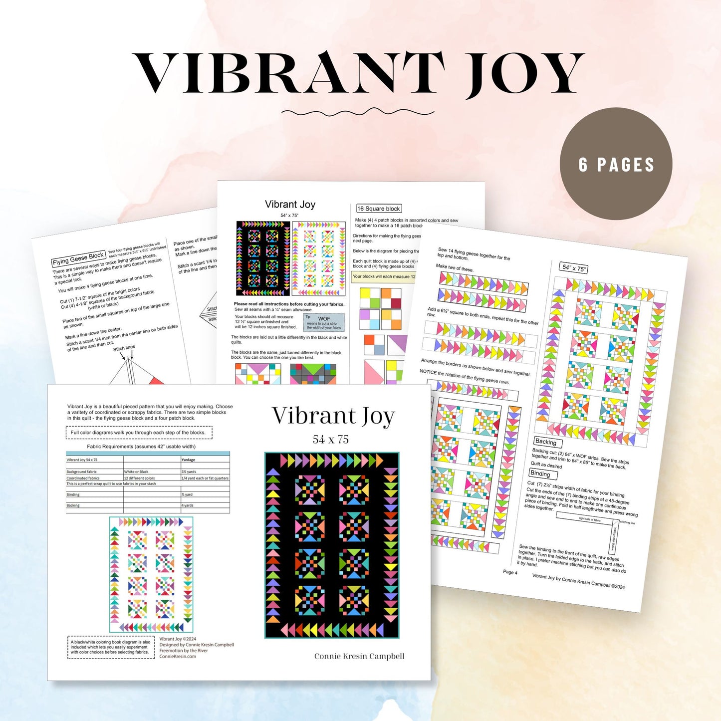 Vibrant Joy quilt pattern with full color diagrams