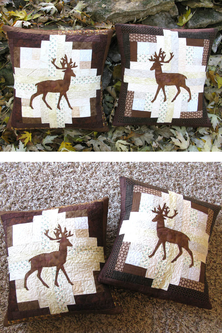 Applique deer on a log cabin block pillow make two and reverse them