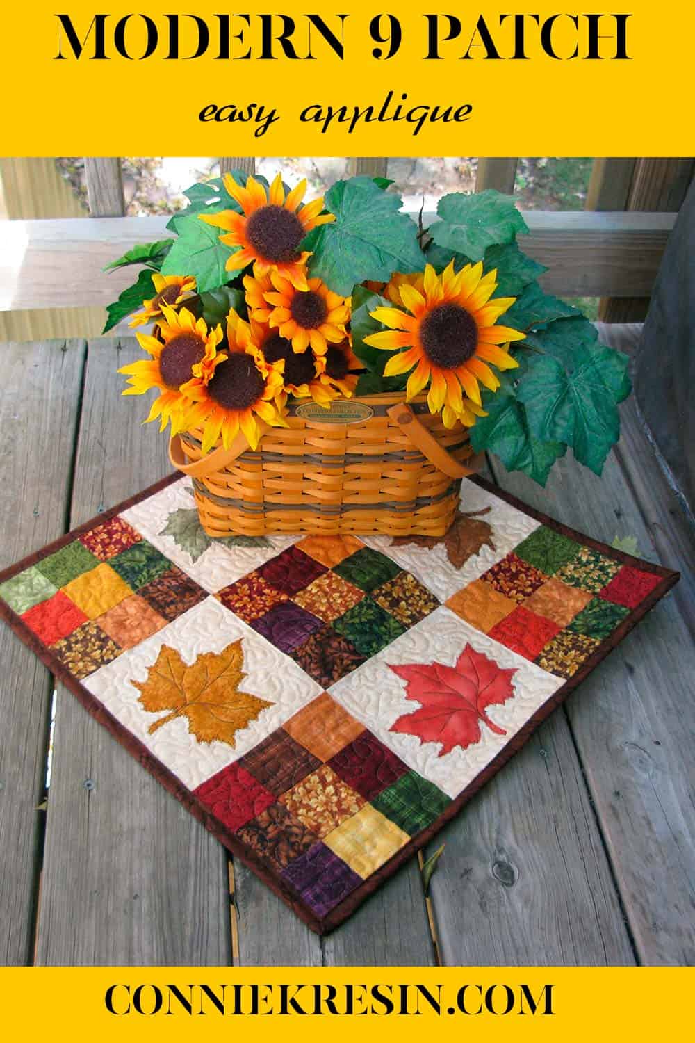 Modern Nine Patch quilt pattern with applique