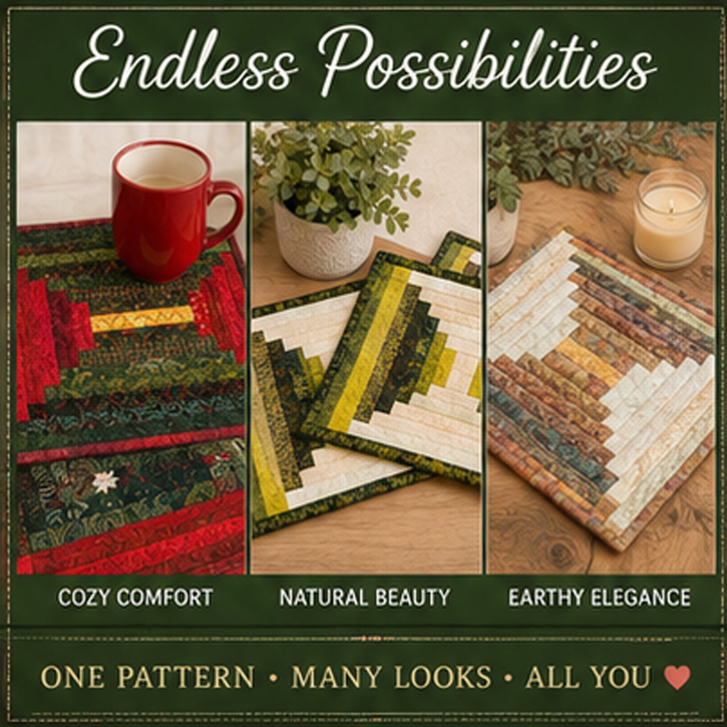 3 Styles - Log Cabin Placemats Quilt Pattern PDF