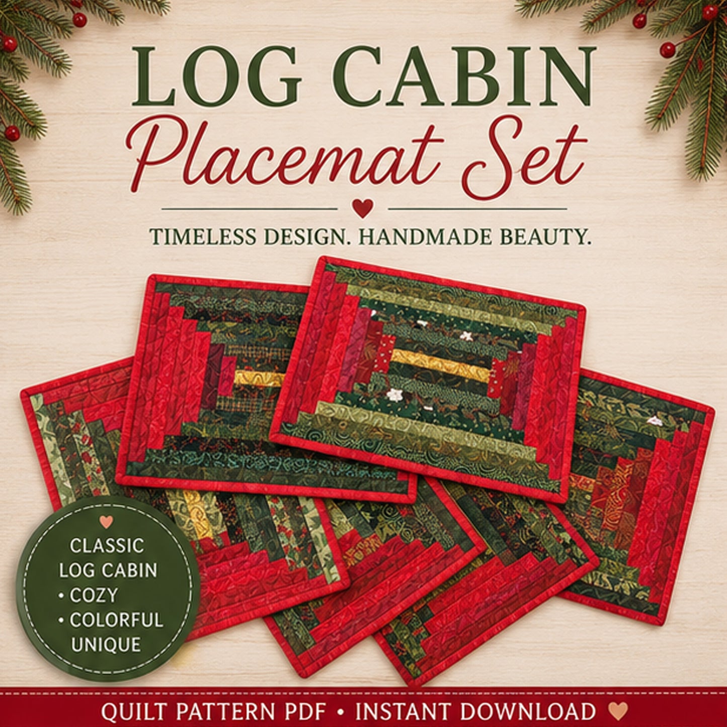 3 Styles - Log Cabin Placemats Quilt Pattern PDF