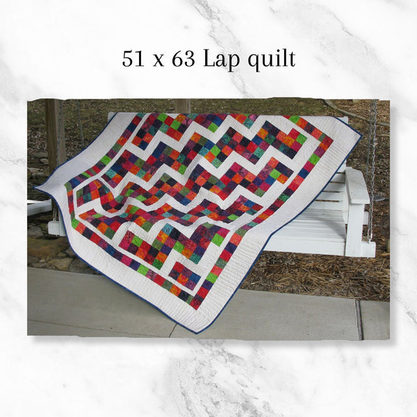 Confetti Steps quilt pattern in 5 different sizes.
