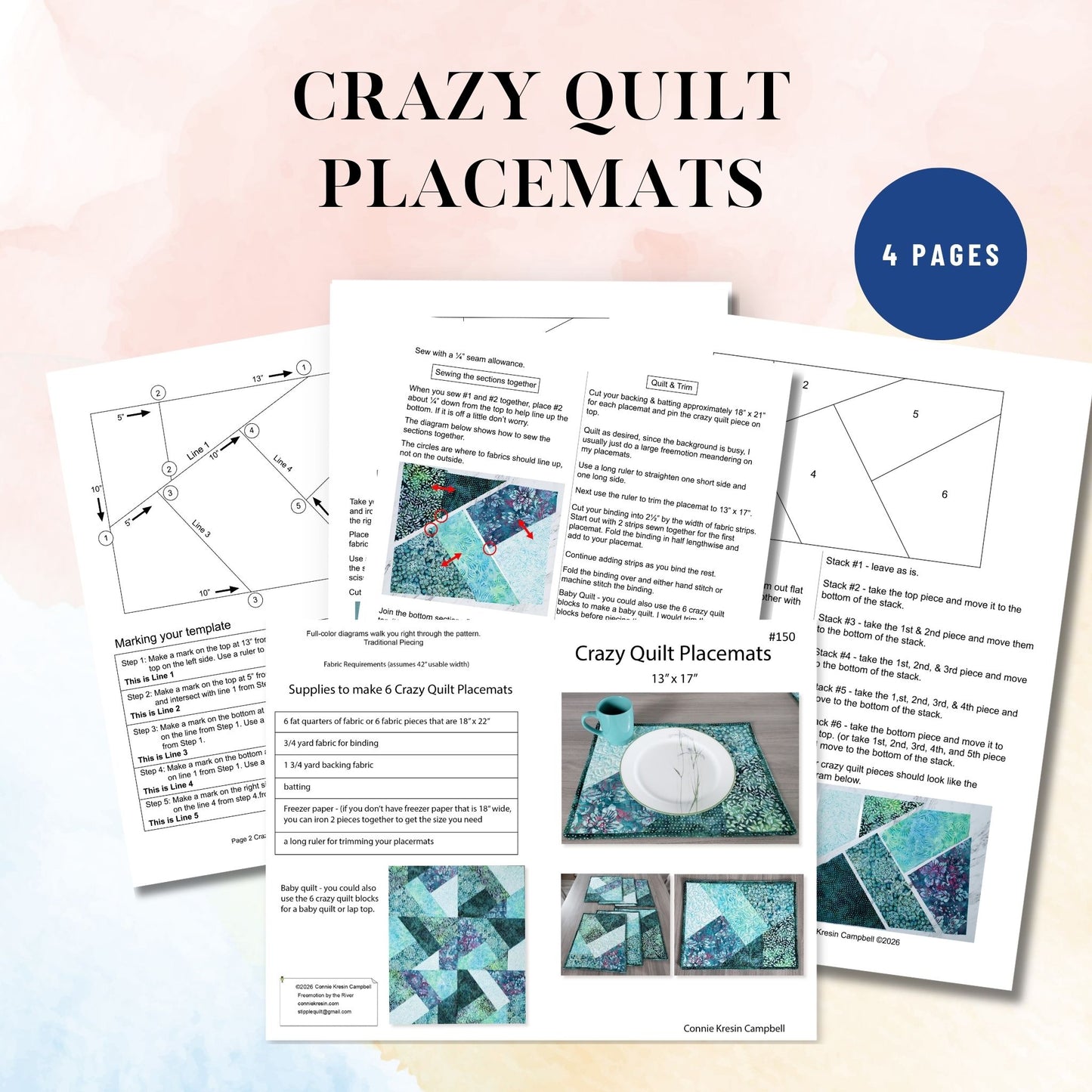 Crazy Quilt Placemats Quilt Pattern PDF