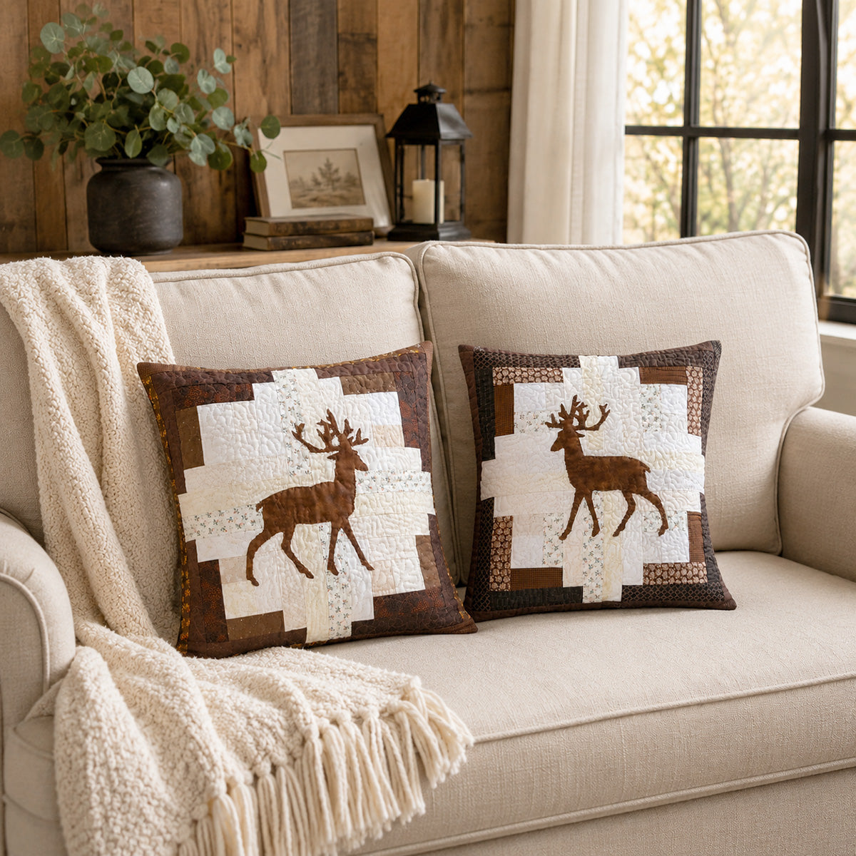 Deer Applique Log Cabin Pillow & Mug Rug PDF Quilt Pattern