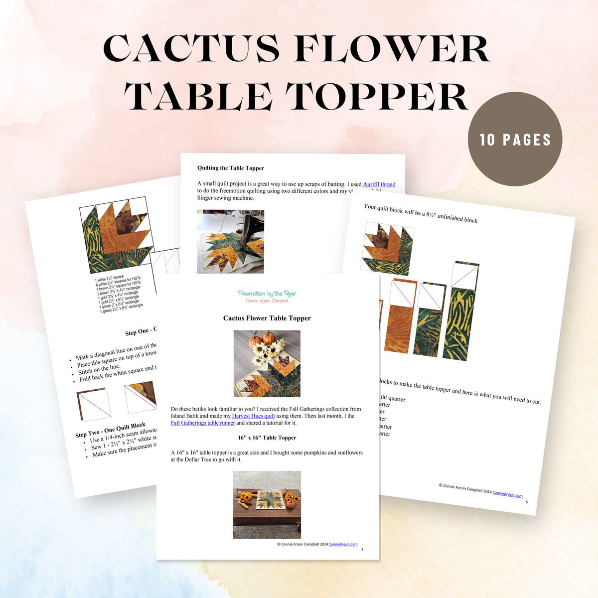 Cactus Flower Table Topper Quilt Pattern PDF – Connie Kresin Campbell