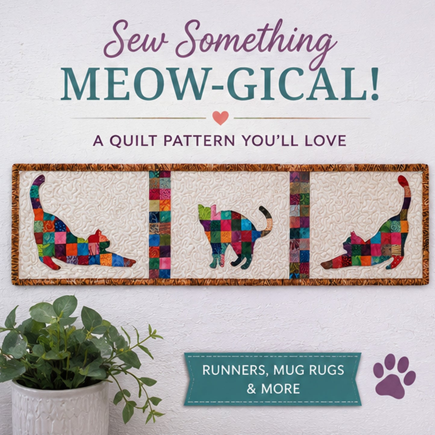 Easy Cat Applique Patchwork Table Runner