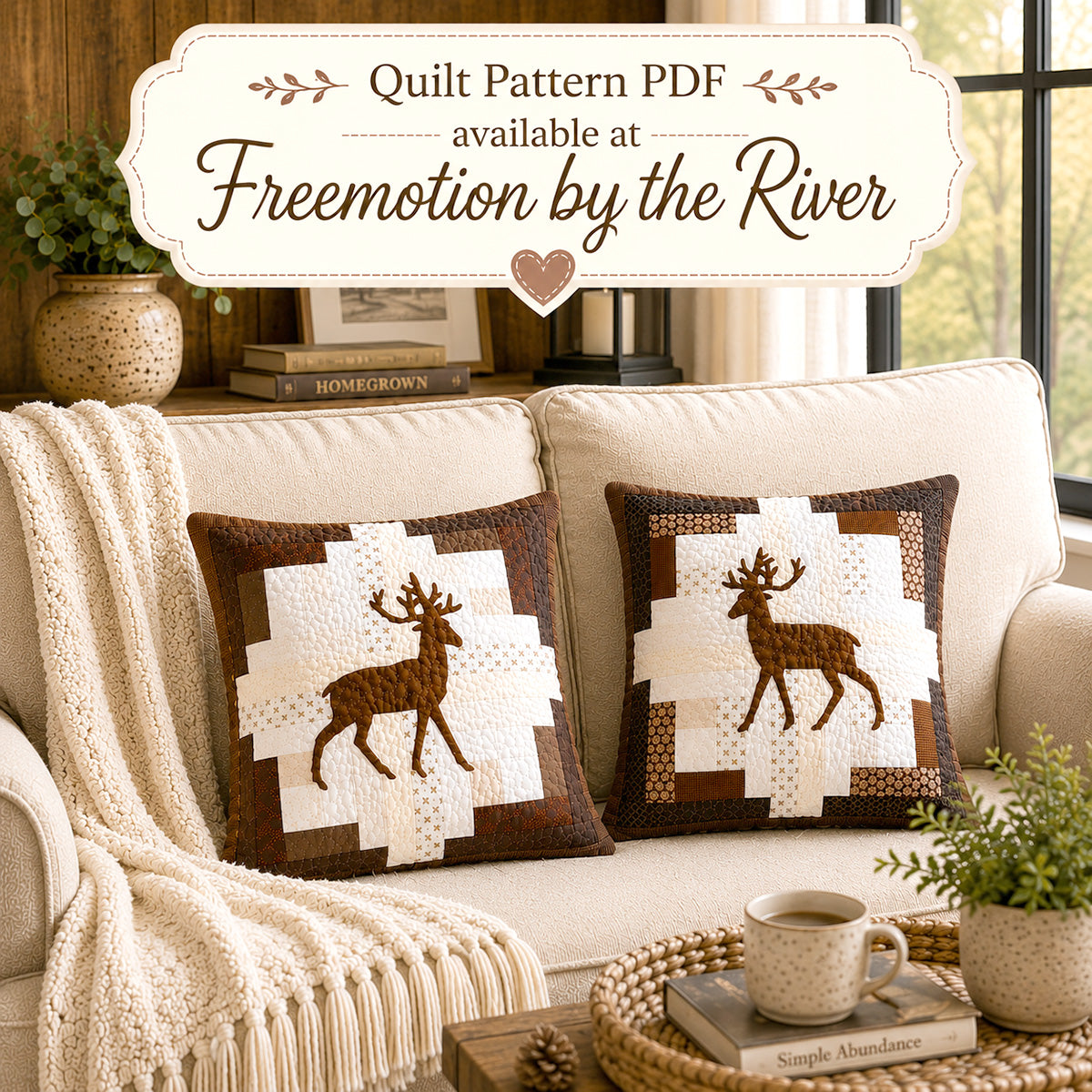 Deer Applique Log Cabin Pillow & Mug Rug PDF Quilt Pattern