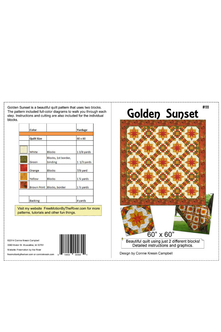 Golden Sunset quilt pattern cover and yardage info