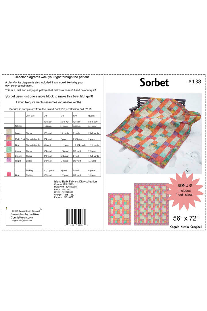 Sorbet quilt pattern makes 4 different sizes of quilts and is fast and easy to make. Beginner pattern